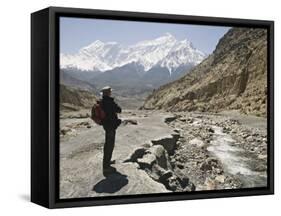 Trekker Enjoys the View on the Annapurna Circuit Trek, Jomsom, Himalayas, Nepal-Don Smith-Framed Stretched Canvas