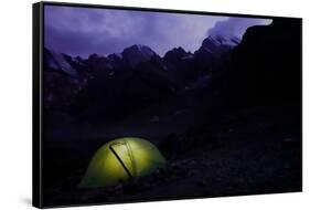 Trekker's tent lit inside at night in the remote and spectacular Fann Mountains, Tajikistan-David Pickford-Framed Stretched Canvas