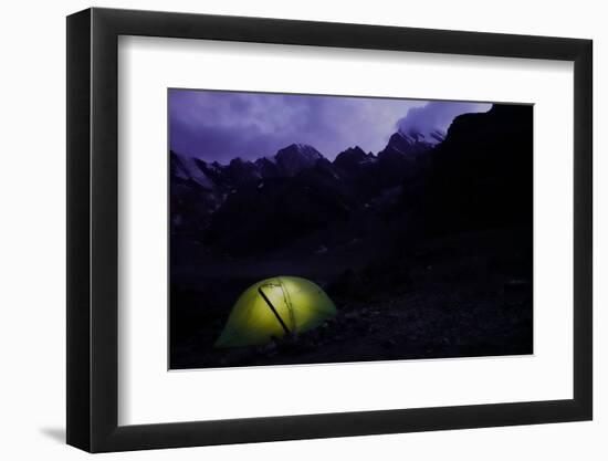 Trekker's tent lit inside at night in the remote and spectacular Fann Mountains, Tajikistan-David Pickford-Framed Premium Photographic Print