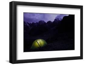 Trekker's tent lit inside at night in the remote and spectacular Fann Mountains, Tajikistan-David Pickford-Framed Premium Photographic Print