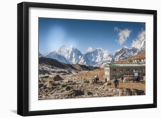 Trekkers and yaks in Lobuche on a trail to Mt. Everest.-Lee Klopfer-Framed Photographic Print