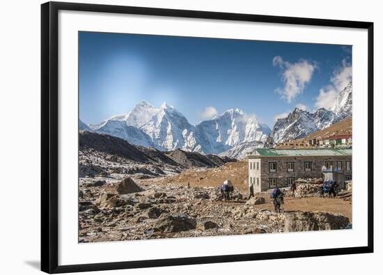 Trekkers and yaks in Lobuche on a trail to Mt. Everest.-Lee Klopfer-Framed Photographic Print