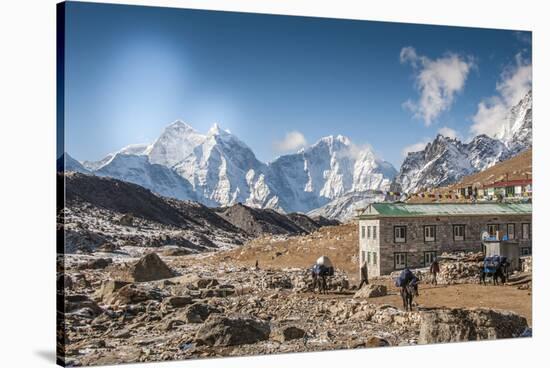 Trekkers and yaks in Lobuche on a trail to Mt. Everest.-Lee Klopfer-Stretched Canvas