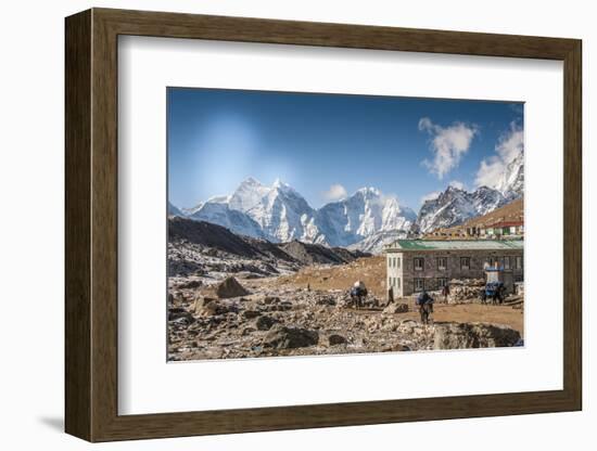 Trekkers and yaks in Lobuche on a trail to Mt. Everest.-Lee Klopfer-Framed Photographic Print