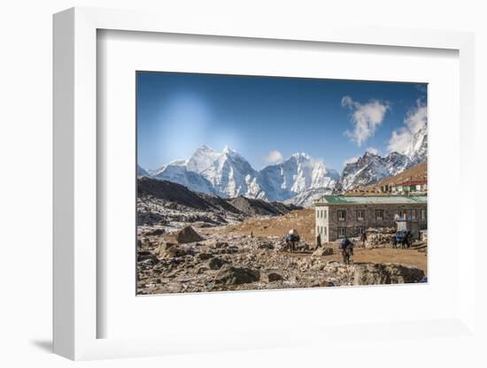 Trekkers and yaks in Lobuche on a trail to Mt. Everest.-Lee Klopfer-Framed Photographic Print
