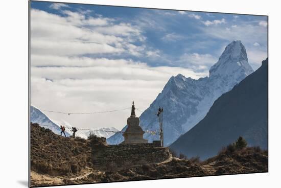 Trekkers Near a Chorten in the Everest Region with the Peak of Ama Dablam in the Distance-Alex Treadway-Mounted Photographic Print