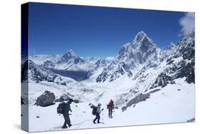 Trekkers Walking over Cho La Pass with Ama Dablam on Left and Arakam Tse on Right-Peter Barritt-Stretched Canvas