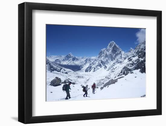 Trekkers Walking over Cho La Pass with Ama Dablam on Left and Arakam Tse on Right-Peter Barritt-Framed Photographic Print