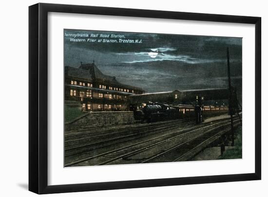 Trenton, New Jersey - Penn Railroad Station, Western Flier at Night-Lantern Press-Framed Art Print