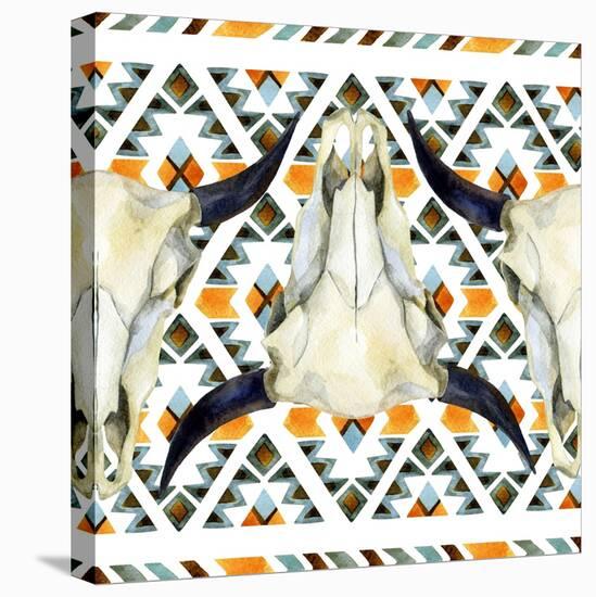 Tribal Geometric Buffalo Skull-tanycya-Stretched Canvas