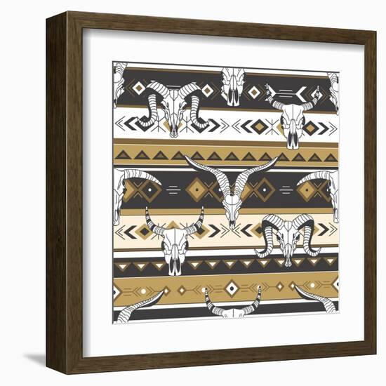 Tribal Seamless Pattern with Skulls of Animals, Hand Drawn Background. Decorative Ethnic Ornament,-Talirina-Framed Art Print