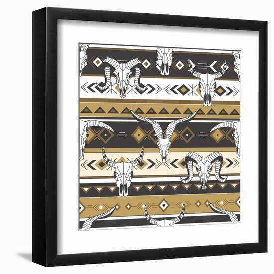 Tribal Seamless Pattern with Skulls of Animals, Hand Drawn Background. Decorative Ethnic Ornament,-Talirina-Framed Art Print