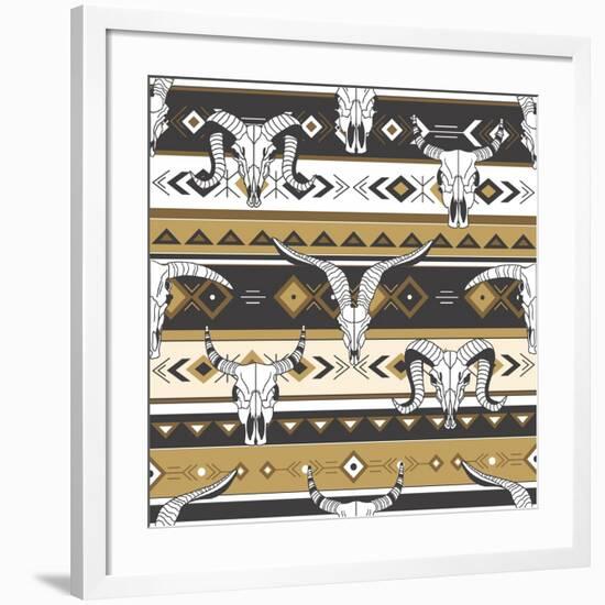 Tribal Seamless Pattern with Skulls of Animals, Hand Drawn Background. Decorative Ethnic Ornament,-Talirina-Framed Art Print