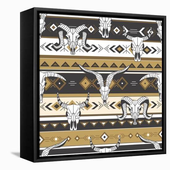 Tribal Seamless Pattern with Skulls of Animals, Hand Drawn Background. Decorative Ethnic Ornament,-Talirina-Framed Stretched Canvas