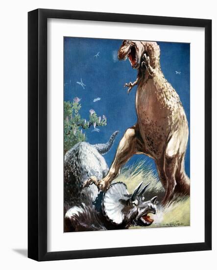 Triceratops, a Horned Dinosaur, Held Down by a Tyrannosaur, C1920-null-Framed Giclee Print