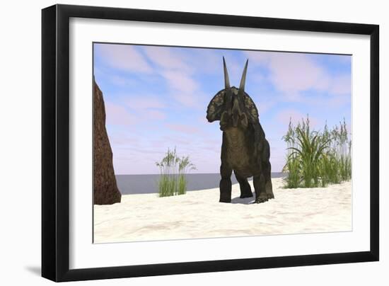 Triceratops on a Beach-null-Framed Art Print