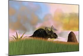 Triceratops Walking across a Grassy Field-null-Mounted Art Print