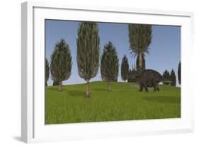 Triceratops Walking across a Grassy Field-null-Framed Art Print