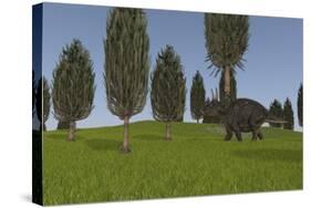 Triceratops Walking across a Grassy Field-null-Stretched Canvas