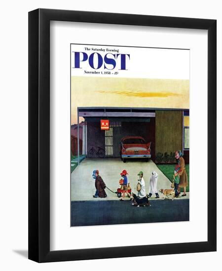 "Trick-Or-Treating in the Burbs" Saturday Evening Post Cover, November 1, 1958-John Falter-Framed Giclee Print