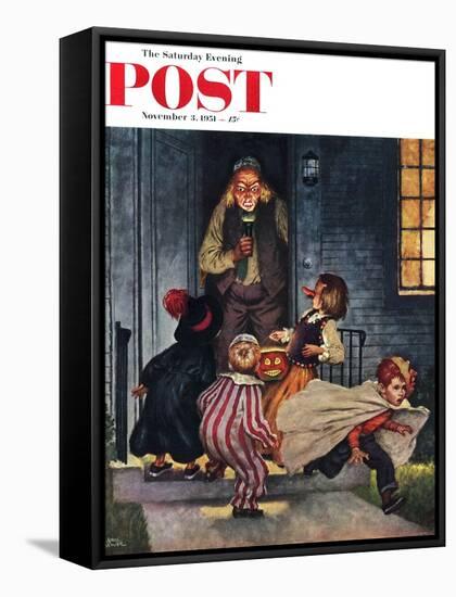 "Tricking Trick-Or-Treaters" Saturday Evening Post Cover, November 3, 1951-Amos Sewell-Framed Stretched Canvas