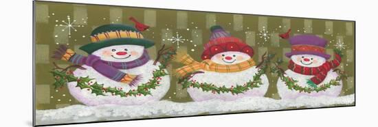 Trio of Snowmen Holding Strands of Holly-Beverly Johnston-Mounted Giclee Print