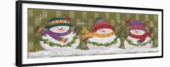 Trio of Snowmen Holding Strands of Holly-Beverly Johnston-Framed Giclee Print