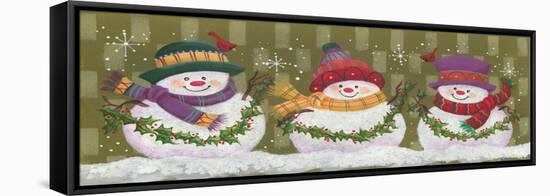 Trio of Snowmen Holding Strands of Holly-Beverly Johnston-Framed Stretched Canvas
