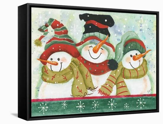 Trio of Snowmen Wearing Hats, Scarves-Beverly Johnston-Framed Stretched Canvas