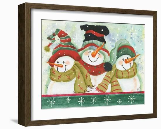 Trio of Snowmen Wearing Hats, Scarves-Beverly Johnston-Framed Giclee Print