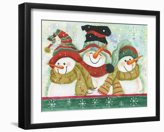 Trio of Snowmen Wearing Hats, Scarves-Beverly Johnston-Framed Giclee Print