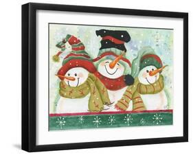 Trio of Snowmen Wearing Hats, Scarves-Beverly Johnston-Framed Giclee Print