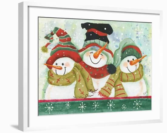 Trio of Snowmen Wearing Hats, Scarves-Beverly Johnston-Framed Giclee Print