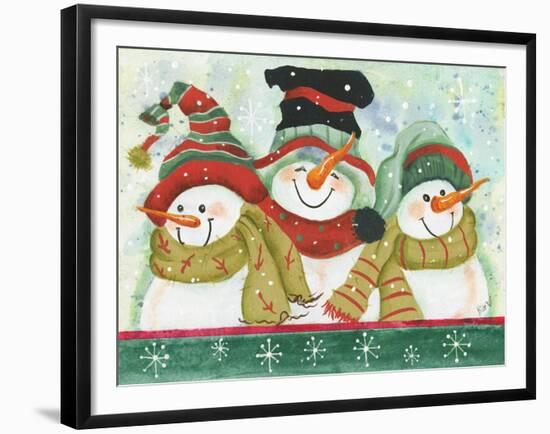 Trio of Snowmen Wearing Hats, Scarves-Beverly Johnston-Framed Giclee Print