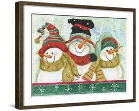 Trio of Snowmen Wearing Hats, Scarves-Beverly Johnston-Framed Giclee Print