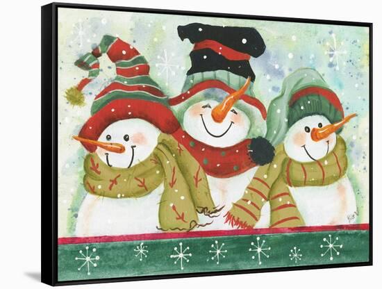 Trio of Snowmen Wearing Hats, Scarves-Beverly Johnston-Framed Stretched Canvas