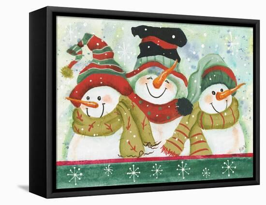 Trio of Snowmen Wearing Hats, Scarves-Beverly Johnston-Framed Stretched Canvas