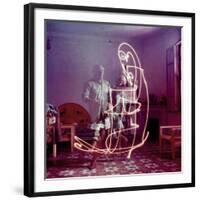 Triple Exposure of Artist Pablo Picasso Drawing with Light at His Home in Vallauris-Gjon Mili-Framed Premium Photographic Print