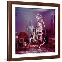 Triple Exposure of Artist Pablo Picasso Drawing with Light at His Home in Vallauris-Gjon Mili-Framed Premium Photographic Print