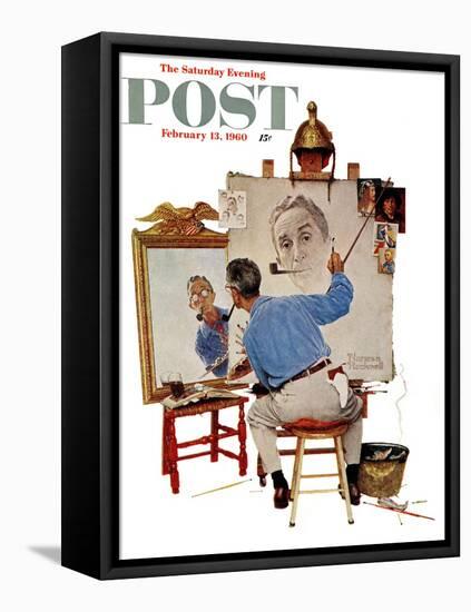 "Triple Self-Portrait" Saturday Evening Post Cover, February 13,1960-Norman Rockwell-Framed Stretched Canvas