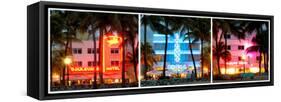 Triptych Collection - Buildings Lit Up at Dusk - Ocean Drive - Miami Beach-Philippe Hugonnard-Framed Stretched Canvas