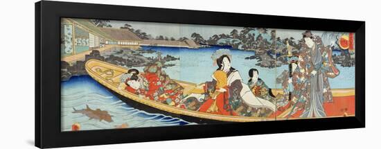 Triptych Depicting a Prince, Princess and Court Ladies Boating on a Garden Pond under a Full Moon…-Utagawa Kunisada-Framed Giclee Print