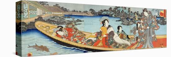 Triptych Depicting a Prince, Princess and Court Ladies Boating on a Garden Pond under a Full Moon…-Utagawa Kunisada-Stretched Canvas