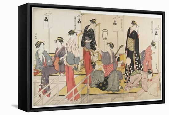 Triptych of Cooling Off in the Evening at Shijo Riverbank, 1784-Torii Kiyonaga-Framed Stretched Canvas