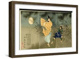 Triptych of 'Fujiwara No Yasumasa Playing the Flute by Moonlight', 1883-Tsukioka Kinzaburo Yoshitoshi-Framed Giclee Print