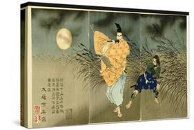 Triptych of 'Fujiwara No Yasumasa Playing the Flute by Moonlight', 1883-Tsukioka Kinzaburo Yoshitoshi-Stretched Canvas