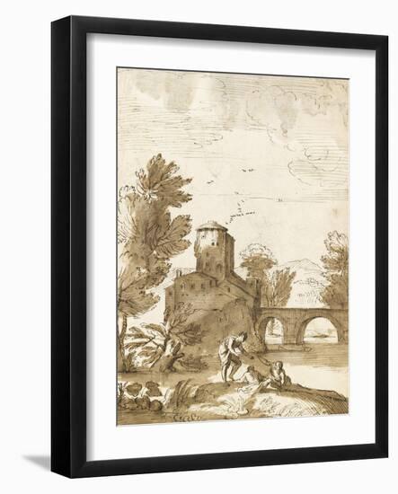 Trois baigneurs dans un paysage, avec un bâtiment près d'un pont-Giovanni Francesco Grimaldi-Framed Giclee Print