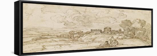 Trois hommes conversant, dans un paysage avec une forteresse au loin-Giovanni Francesco Grimaldi-Framed Stretched Canvas