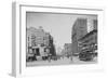 Trolleys and Pedestrians on Main Street in Buffalo, New York-null-Framed Art Print