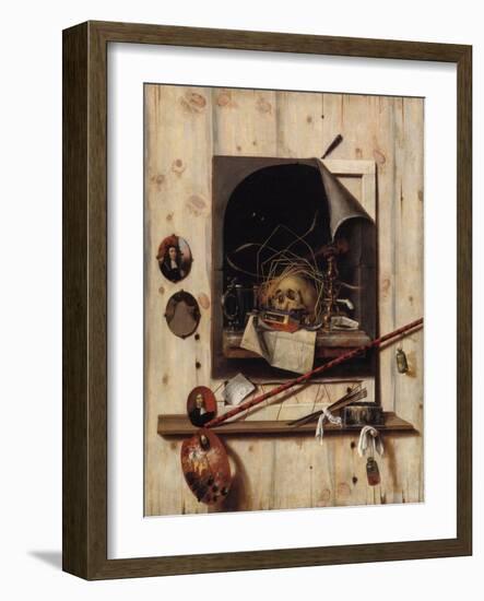 Trompe L'Oeil with Studio Wall and Vanitas Still Life, 1668-Cornelis Norbertus Gijsbrechts-Framed Giclee Print